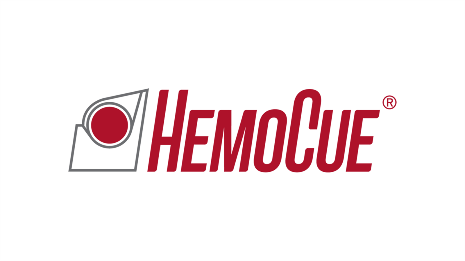 HemoCue logo i rødt og grått med et sirkel symbol til venstre.