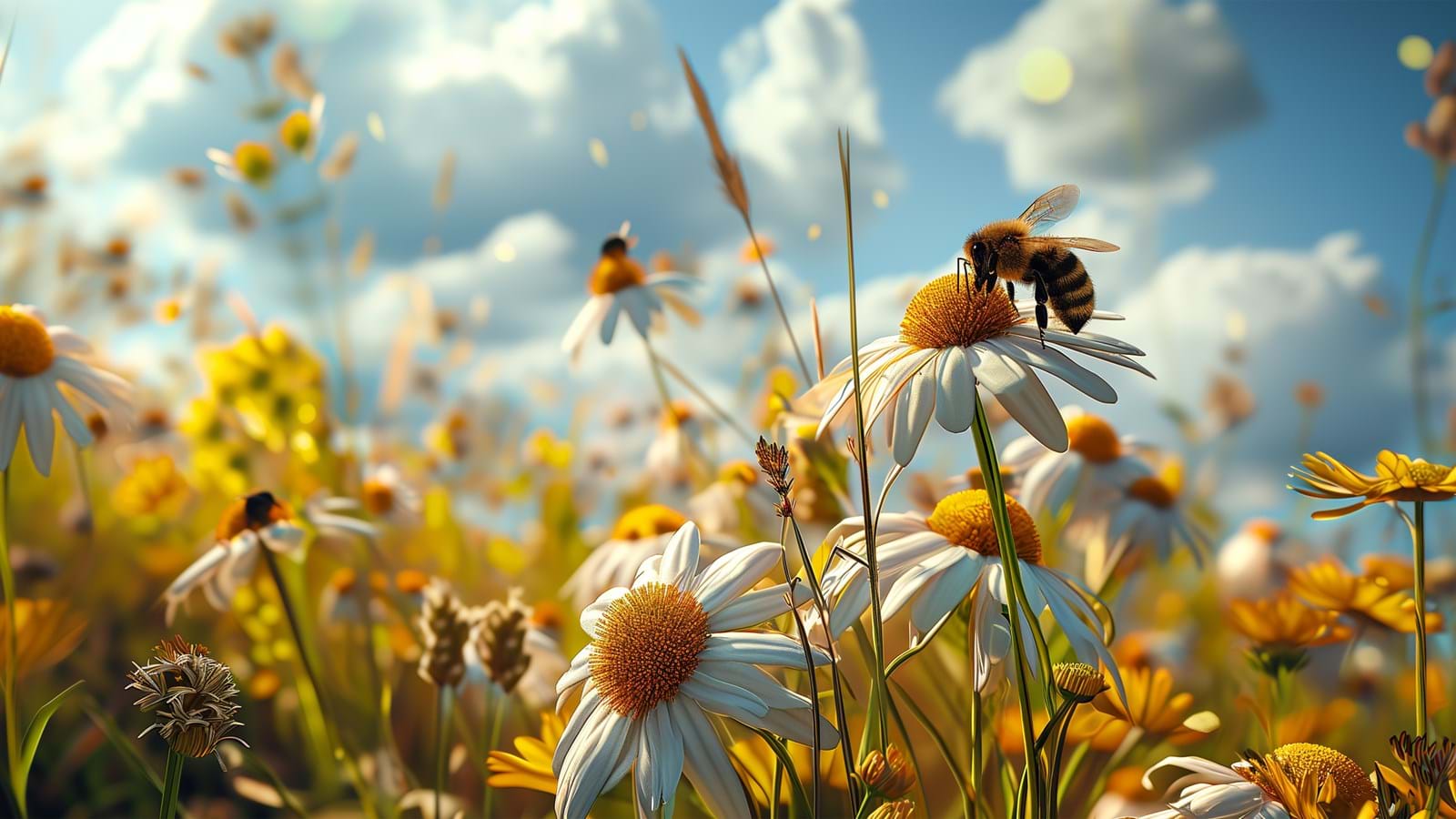 En bie som sitter på en prestekrage i en blomstereng under en blå himmel med skyer.
