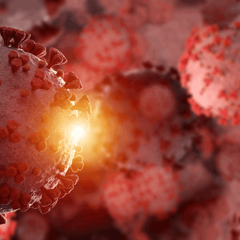 Illustrasjon av koronavirus med røde pigger og lysglimt i bakgrunnen.