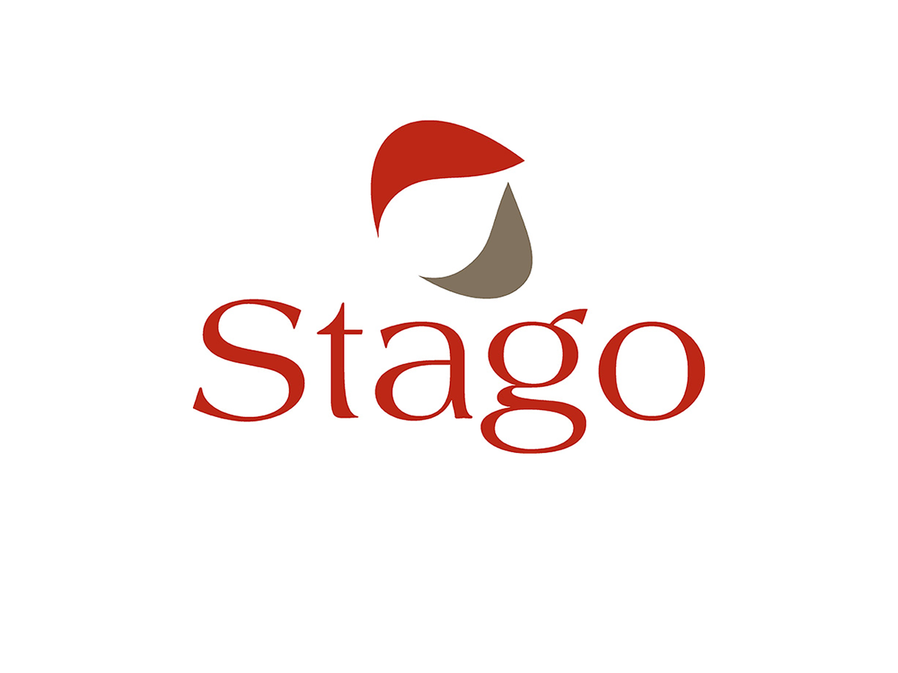 Stago logo i rød farge med et symbol over teksten.