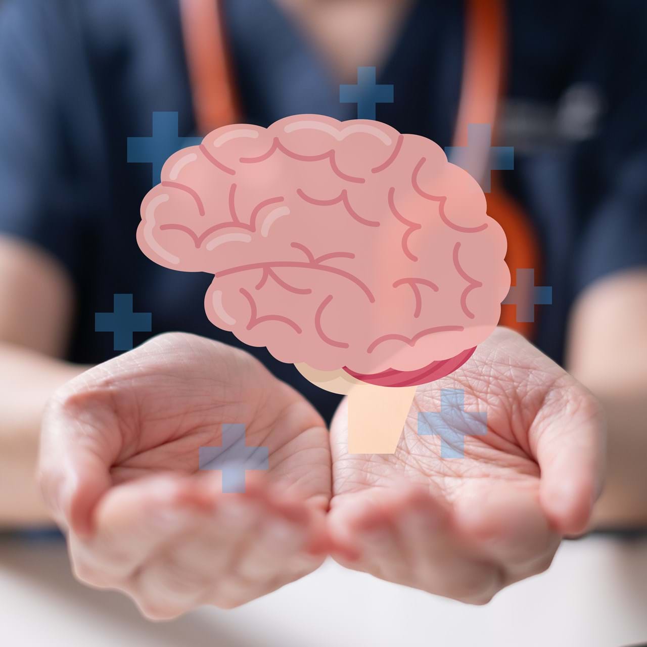 En lege holder en illustrasjon av en hjerne i hendene, omgitt av pluss-symboler, som symboliserer omsorg og støtte for mental helse.