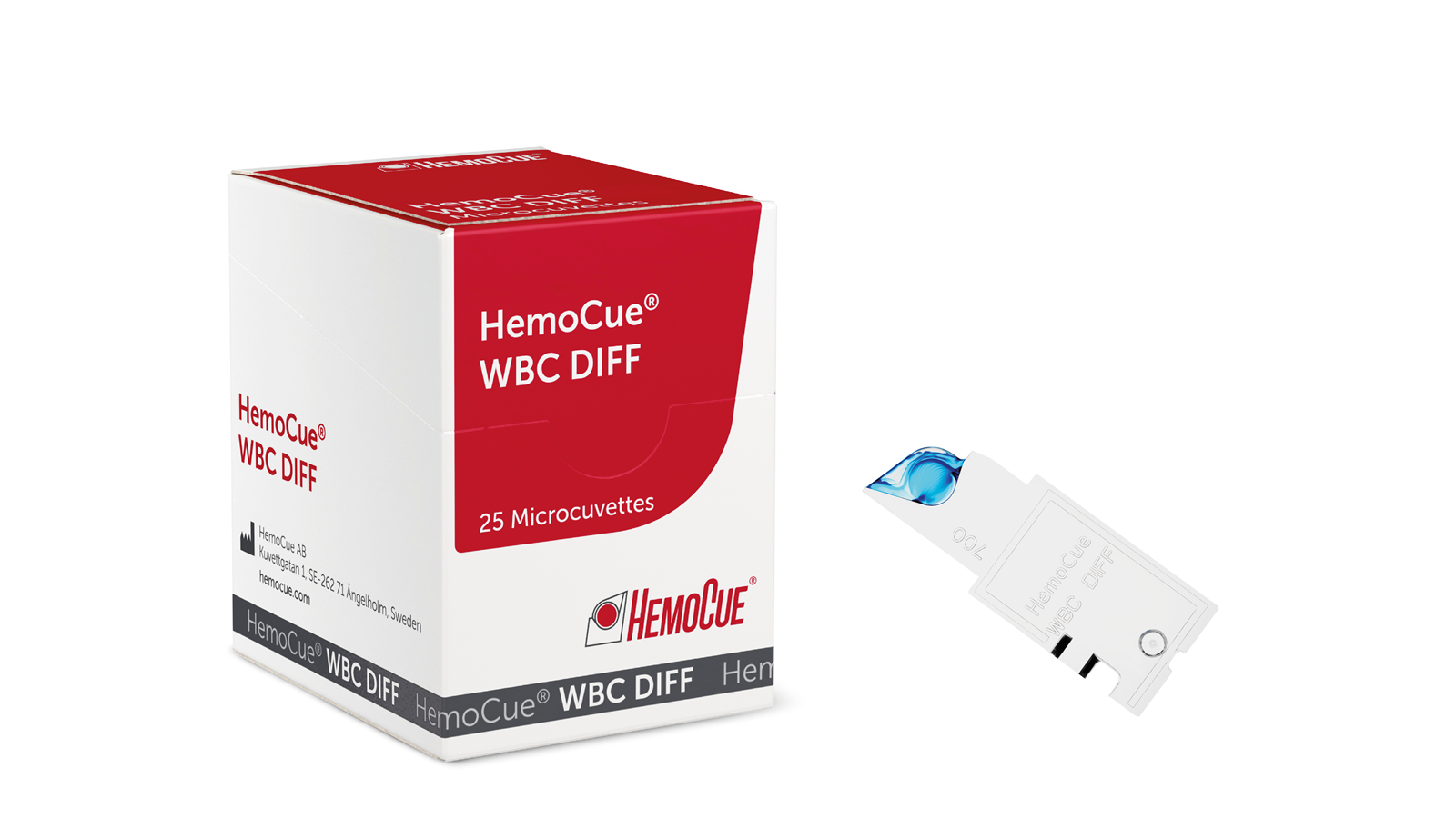 HemoCue WBC DIFF pakke med 25 mikrokvetter, ved siden av en enkelt mikrokvette fylt med en blå væske.