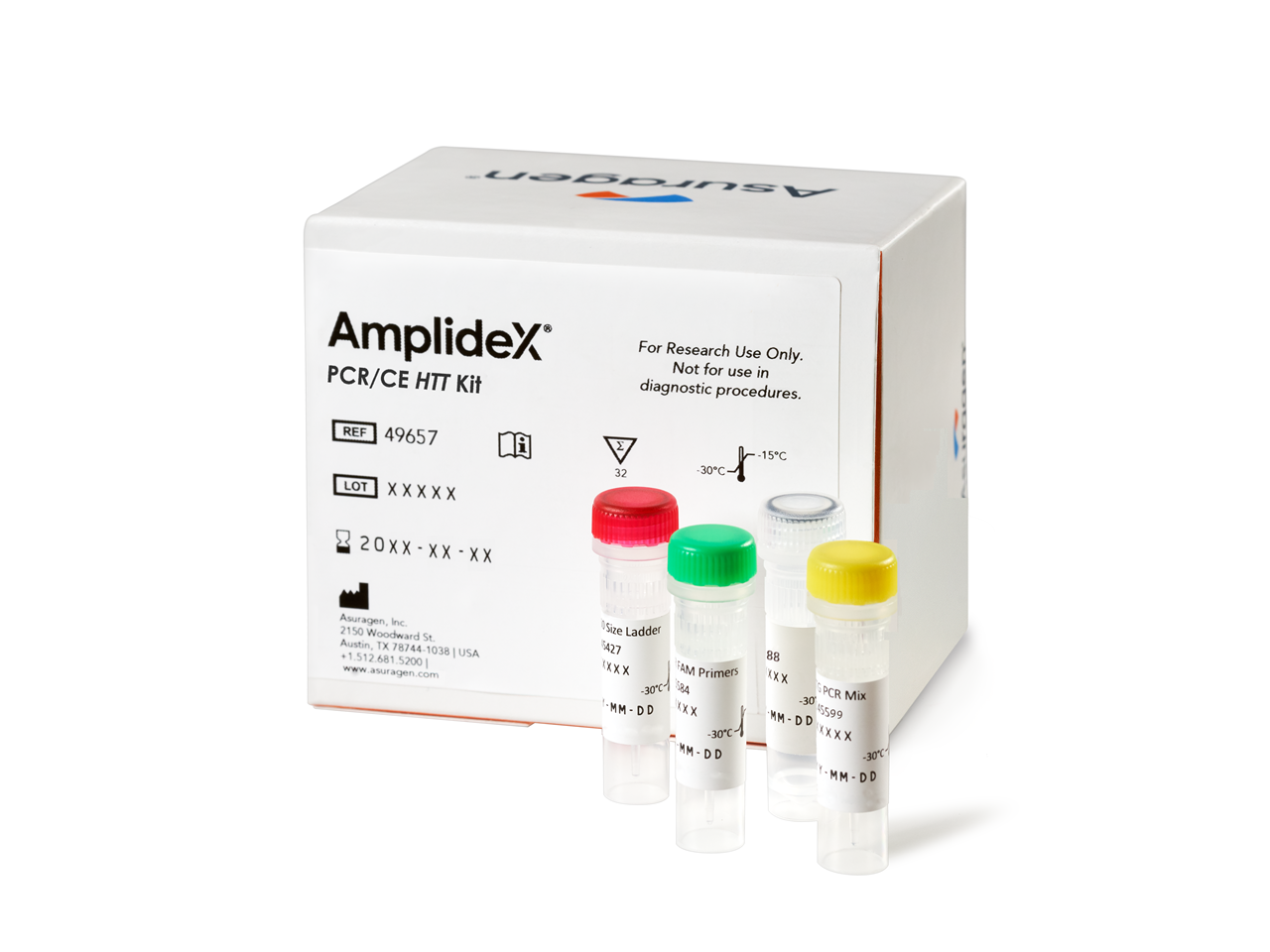 AmplideX PCR/CE HTT Kit fra Asuragen, med fire prøverør foran esken.