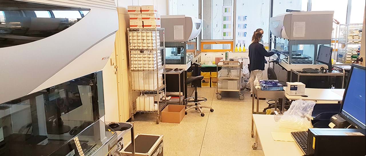 De tre pipetteringsrobotene, Morten, Gunnar og Fredrik, er klare for å analysere store prøvemengder.