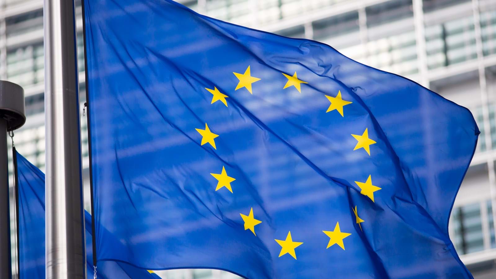 EU-flagget vaier i vinden foran en bygning med glassfasade